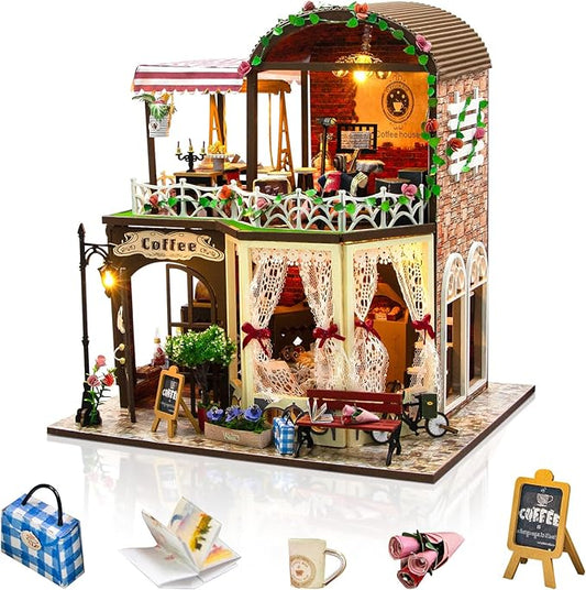 Foyucool DIY Miniature House Kit, Dollhouse Kit with LED Light, Mini House Building Kits for for Adult to Building, Christmas Home Decorations Gifts for Family and Friends, Coffee Bar