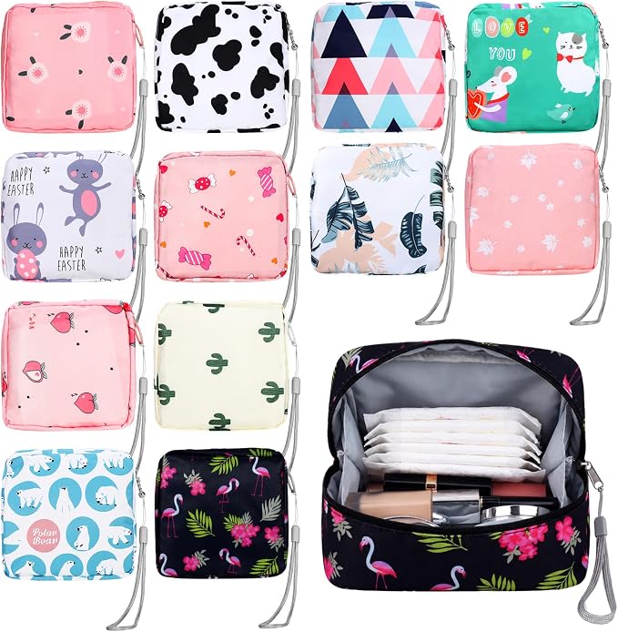 Paterr 12 Pcs Sanitary Napkin Storage Bag Set Portable Period Pouch with Lanyard for Menstrual Pad Bags Back to School First Period Gift for Teen Girls(Chic Style)
