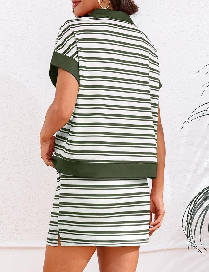 Womens Striped 2 Piece Outfits Skirt Set Summer Casual Short Sleeve Polo Skort Workout Set Matching Lounge Sets