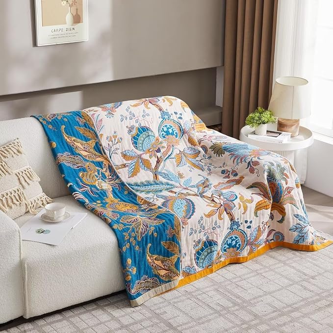 Boho Throw Blanket for Bed 100% Cotton Bohemian Blankets Ultra Soft Woven Muslin Decorative Blankets All Seasons Vintage Quilt Knitted Blanket for Sofa Chair(Beige, 60"x80")
