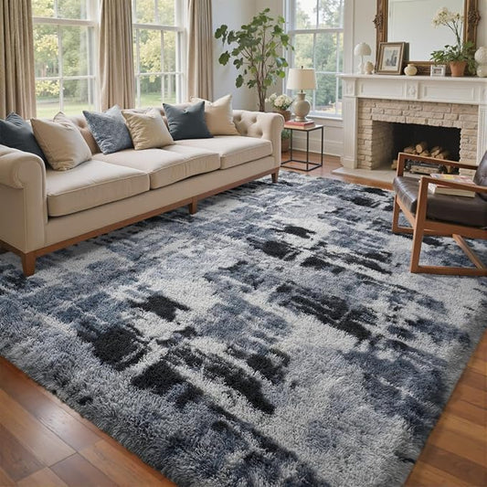 6x9 Ft Large Shag Rugs for Living Room Decor, Tie-Dyed Ultra Soft Fluffy Furry Area Rugs for Bedroom Indoor Floor, Aesthetic Carpet for Kids Home (Blue)