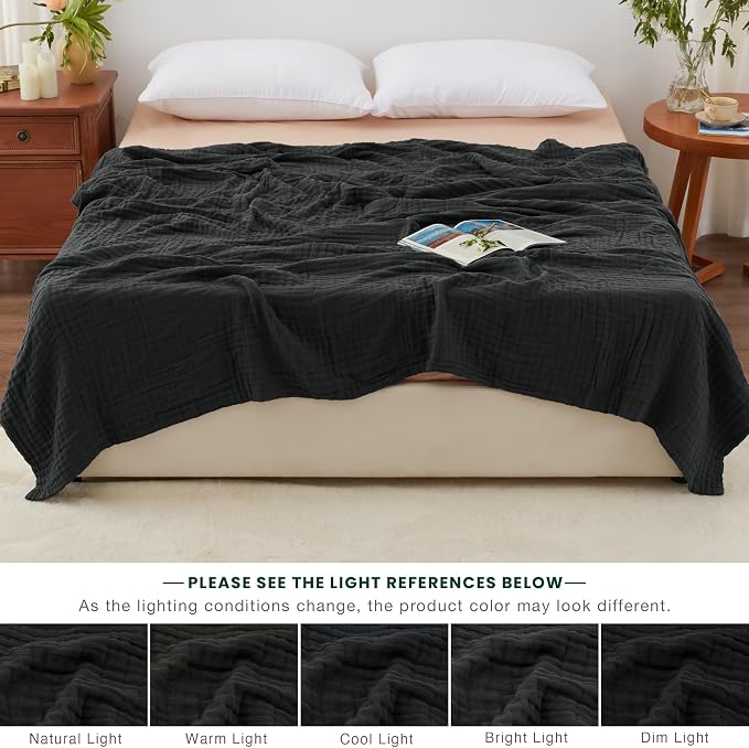 Love's cabin 100% Cotton Muslin Blanket, 6 Layer Lightweight Breathable Gauze Queen Size Blanket 90 x 90 Inches, Soft All Season Blanket for Bed, Black