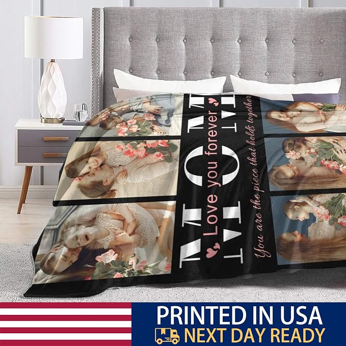 Gifts for Mom Custom Blanket with Photo & Text, Personalized Birthday Blanket with Picture for Mother, HD Printing Customized Flannel Throw Blanket Gifts for Best Mom Ever