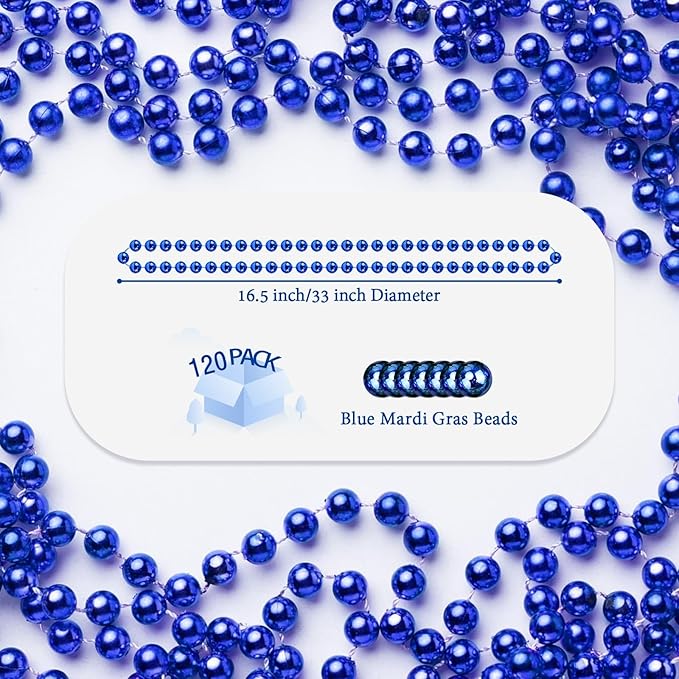 YAXINRUI 120 PCS Blue Bead Necklaces, Blue Mardi Gras Christmas Bead Necklaces, Patriotic Necklace, 33 Inch Round Beaded Necklace for Mardi Gras Christmas 4th of July Festive Events