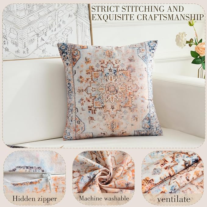 Boho Throw Pillow Covers 20x20 inch Set of 2,Boho Vintage Carpet Pattern Antique Ethnic Decor Double Sided Pattern Cushion Cover Soft Pillow Case Living Sofa Room Bed Square Pillow Cover