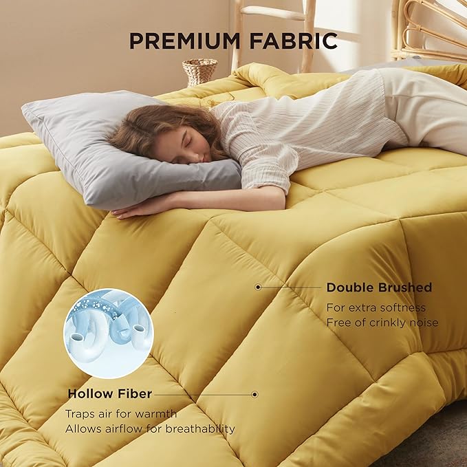 Bedsure Comforter Duvet Insert - Quilted Comforters Twin Size, All Season Duvet, GentleSoft Down Alternative Bedding Blanket, with 8 Tabs, Gifts for Women/Men, Mustard Yellow, Twin 88 x 68 Inches