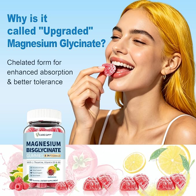 Magnesium Bisglycinate Gummies 400mg Chelated Magnesium with Vitamin D3 B6 and L-Theanine Sleep Support Calm, Muscle Relaxation Bone Health, 90 Gummies| 45 Day Supply, Lemon Raspberry Flavor