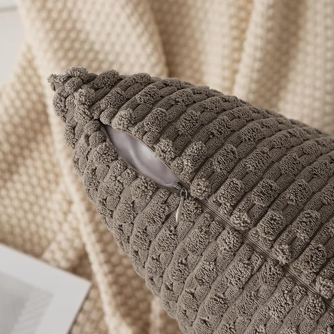 Kevin Textile Soft Corduroy 12"x20" Lumbar Pillow Cover 1 Pack, Light Brown | Boho Stripe Plush Corduroy Decorative Oblong Cushion Cover Modern Farmhouse Home Decor for Sofa Couch Bed Chair