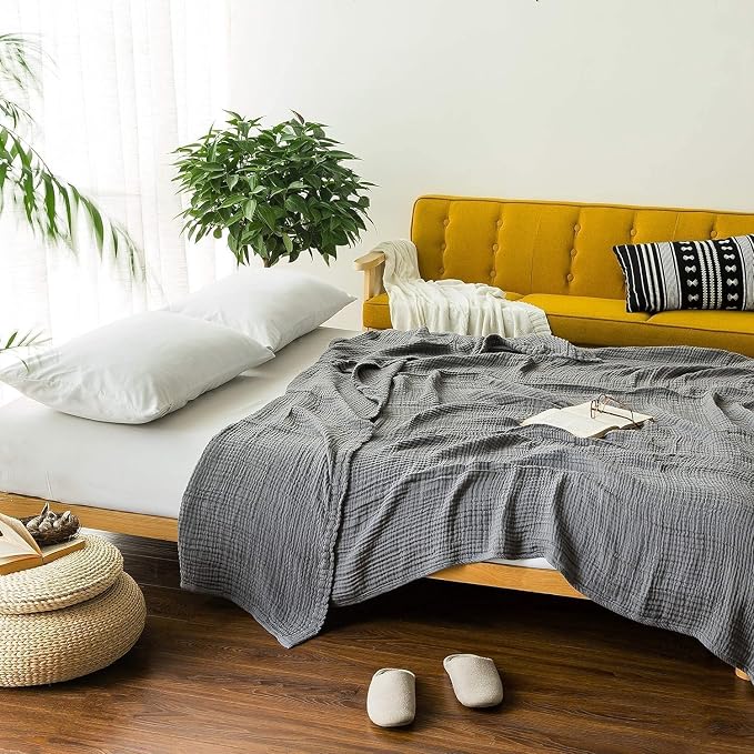 EMME Muslin Blankets for Adults Throw Blanket for Couch Breathable Gauze Soft Lightweight Airy Grey Throw XL 50" x 71"