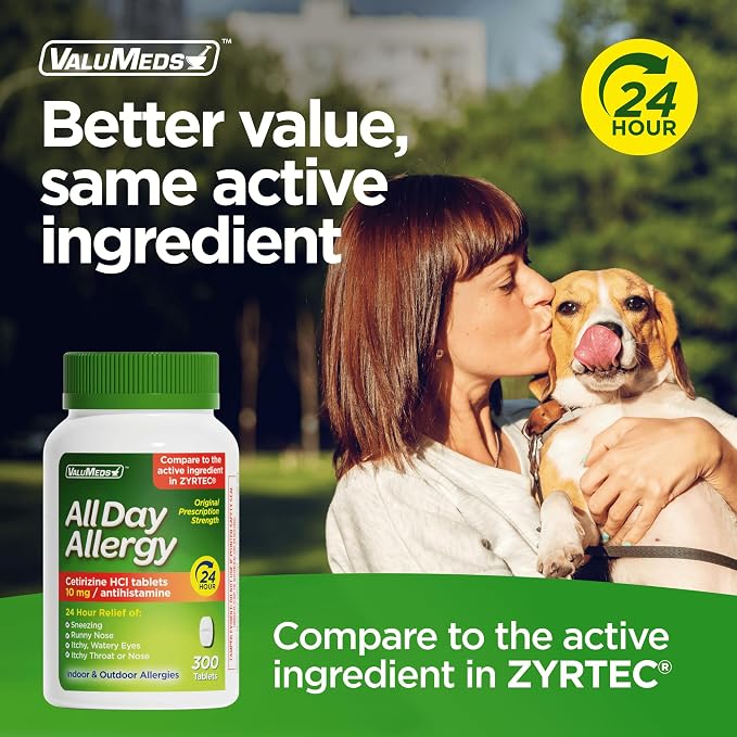 ValuMeds 24-Hour Allergy Medicine Antihistamine for Pollen, Hay Fever, Dry, Itchy Eyes, Allergies | Cetirizine HCl 10mg Caplets, Compare to Leading Brand (300 Count)