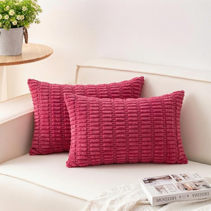 Pack of 2 Corduroy Decorative Throw Pillow Covers 12x20 Inch, Rose Red | Fall Soft Striped Pillow Covers Modern Farmhouse Home Decor Christmas Throw Pillow Covers for Sofa Living Room Couch Bed