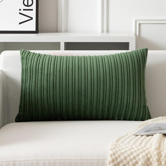UGASA 14x24 Inch Pillow Cover Pack of 1 Soft Boho Stripe Corduroy Long Rectangular Lumbar Cushion Cover Farmhouse Decorative Throw Pillowcase for Bed, Couch, Sofa, Bedroom, Living Room, Moss Green