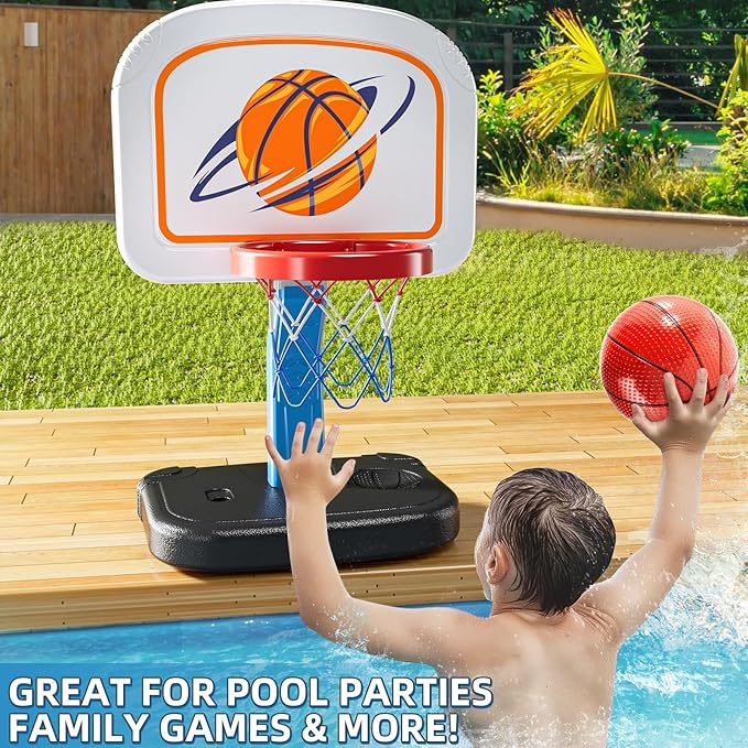 NIPLOOOW Swimming Pool Basketball Hoop, Adjustable Height Toddler Basketball Hoop, Includes 4 Balls and Pump, Poolside Water Basketball Indoor & Outdoor Toy for Boys Girls Kids Age 3-8