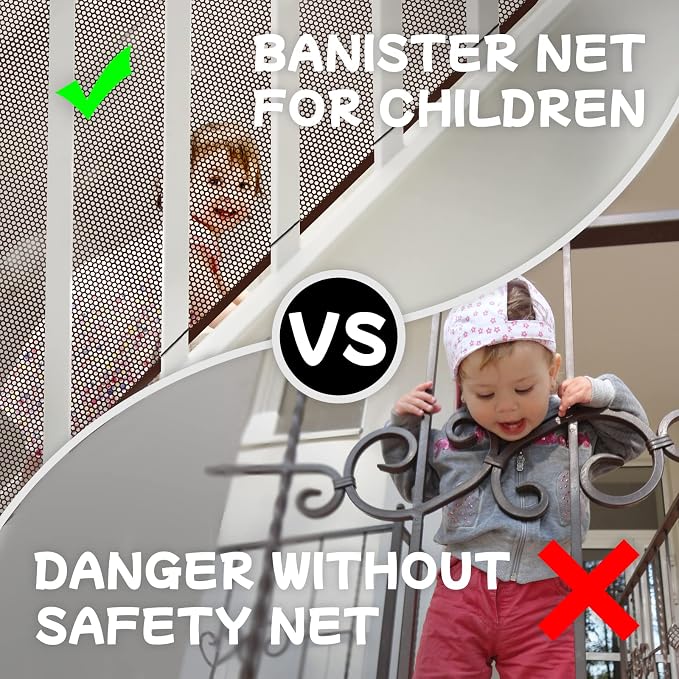 Banister Guard for Baby and Pets - 10ft x 3ft Safety Stairs Rail Net, Balcony Netting Provides Safe Environment for Child, Small Pet, Toy - Brown