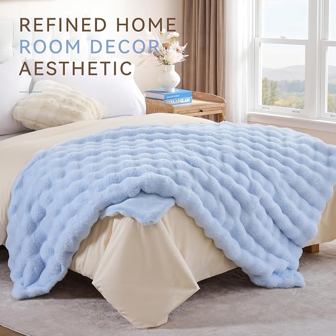 Faux Rabbit Fur Throw for Couch - Light Blue Bubble Blanket 60"x80" | Fluffy Plush Fuzzy Throw for Sofa & Bed, Super Soft Cozy Comfrt Blanket, Luxury Aesthetic Light Blue Decor Gift for Women
