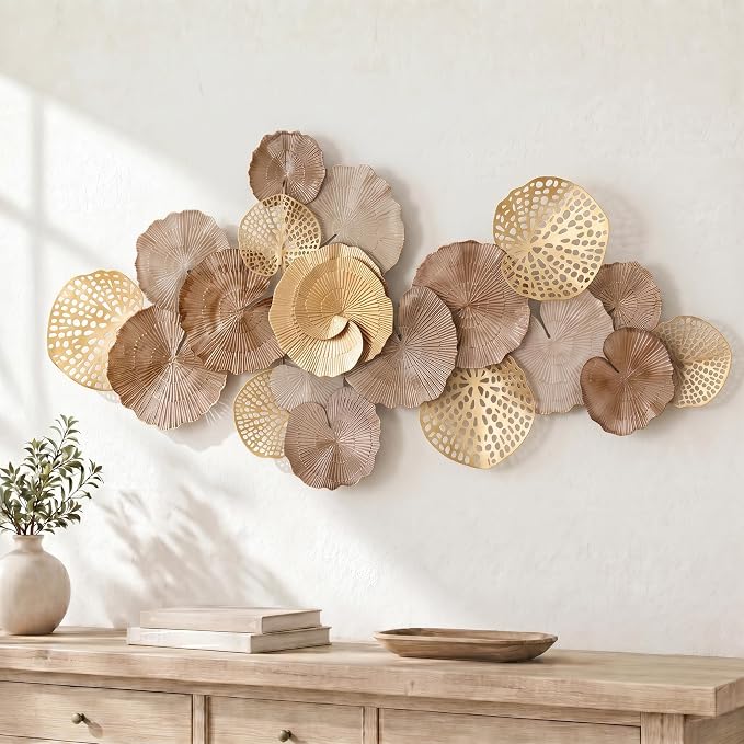 Axioglo 67" Large Wall Decor 3D Lotus Leaf Metal Wall Art for Living Room | 67" x31" metal wall decor with layered metal texture, mounting hardware, two-way display
