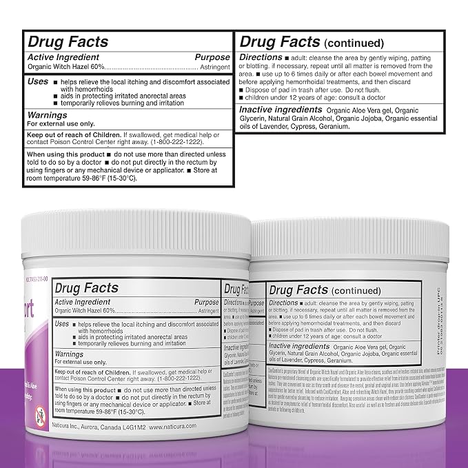 Naticura CoolComfort Hemorrhoid Relief Cleansing Pads - Fast Acting and All Natural with Organic Witch Hazel and Aloe Vera - Relieves Burning, Itching and Swelling - Made in USA - 100 Pads, 2 Pack