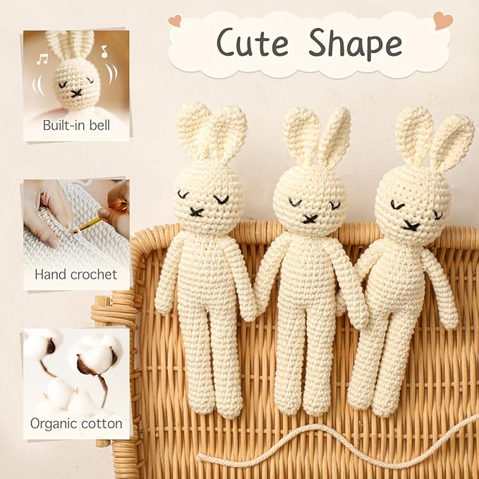 Baby Rattle Crochet White Bunny Doll Baby Toys Handmade Newborn Toy Early Development Grips Stuffed Animal Organic Rattle (Bunny Doll)