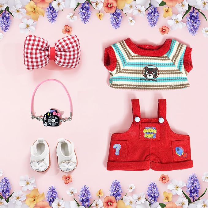 17cm Doll Clothes Set-6 Pcs Outfit Set -Cool Style Accessories for 17cm Dolls Clothing-Sweater+Cool Overalls+Small Camera+Shoes (NO Doll)