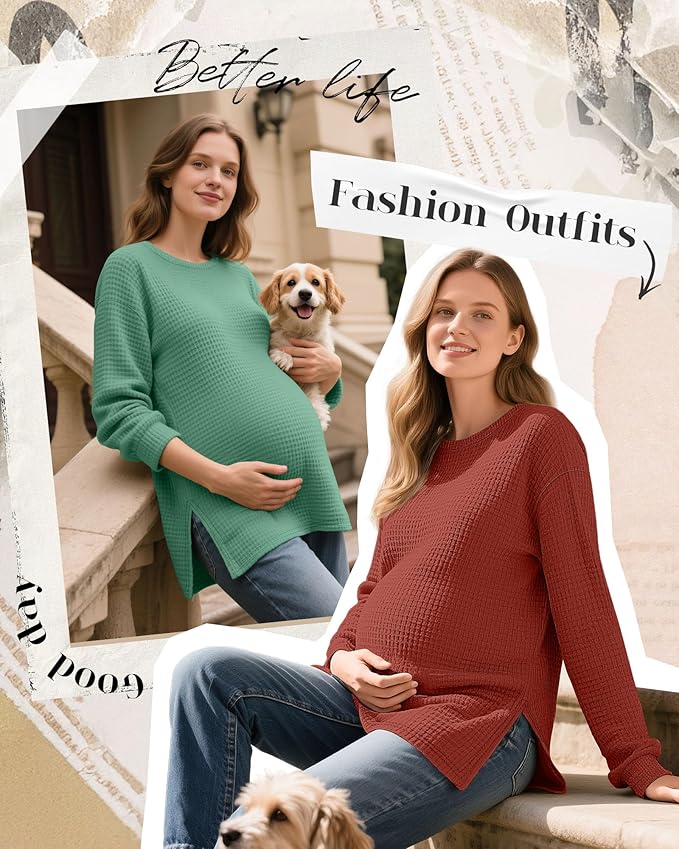 3 Pack Women's Maternity Shirts Long Sleeve Waffle Knit Side Split Oversized Tops Pregnancy Clothes Fall Tees