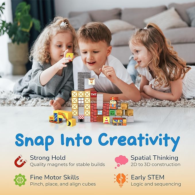 Mini Magnetic Blocks Travel Set – Christmas STEM Toddler Toys in Iron Box, Educational Building Cubes for Kids Ages 3–8, for Boys & Girls (49PCS Construstion Edition)