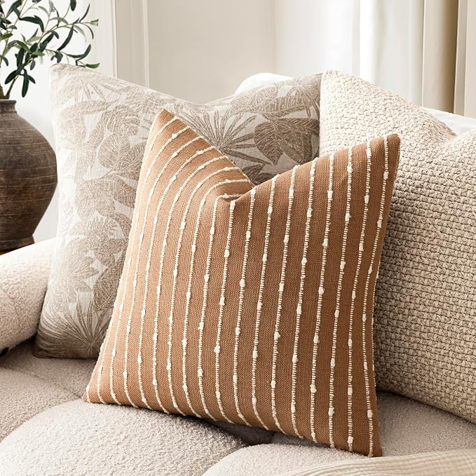 Foindtower Pack of 2 Decorative Jacquard Boucle Throw Pillow Covers Accent Textured Striped Pillowcases Soft Boho Modern Cushion for Couch Sofa Bedroom Living Room Home Decor 22x22 Inch Rust Tobacco