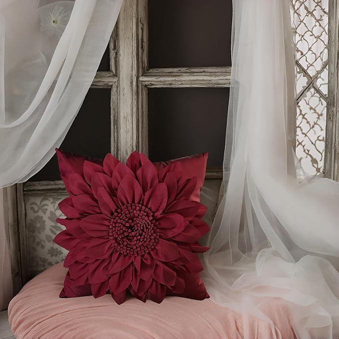Burgundy Accent 3D Flower Decorative Throw Pillow Covers for Bed Sofa Couch | Bella's Giftshop Handmade Sunflower Taffeta Pillow Cases Living Room Bedroom Decor, 18x18 Inch