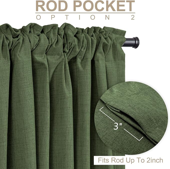 100% Blackout Shield Linen Blackout Curtains for Bedroom 120 Inches Long, Back Tab/Rod Pocket Living Room Drapes, Thermal Insulated Blackout Curtains 2 Panels Set, 50" W x 120" L, Moss Green
