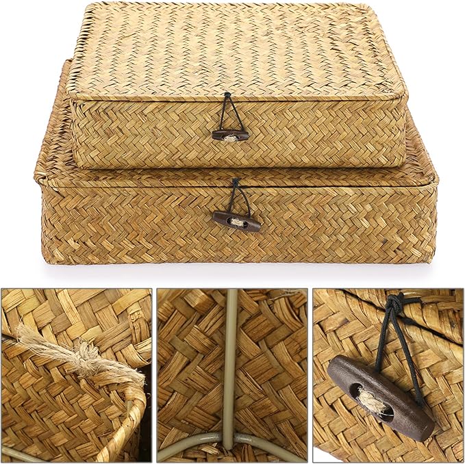 Hipiwe Set of 2 Flat Woven Wicker Storage Bins with Lid Seagrass Basket Box | Natural Handwoven Basket Multipurpose Home Organizer Bins Boxes for Shelf Organizer, Caramel