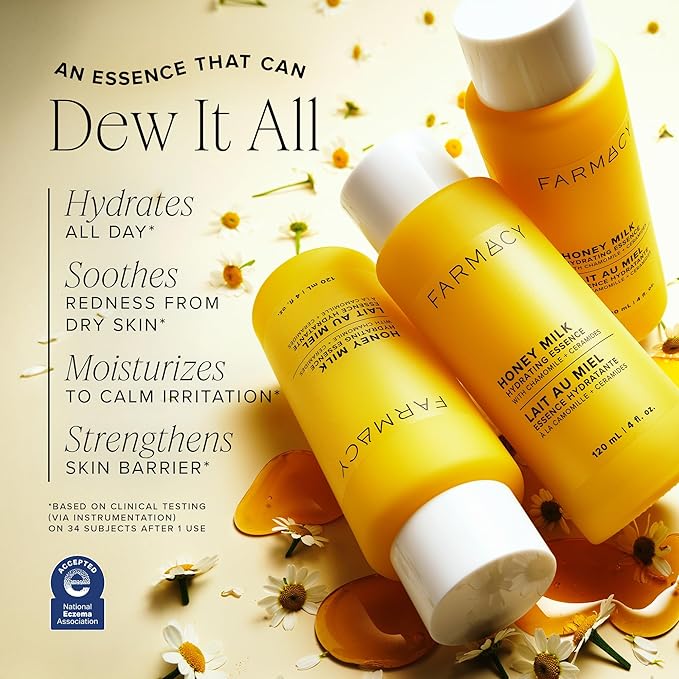Farmacy Honey Milk Face Essence - Hydrating Milky Toner with Honey, Ceramides + Chamomile - Helps Strengthen Skin Barrier + Replenish Moisture - Soothing + Calming Skincare (50ml)