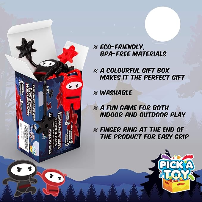 12 Pc. Ninja Toys Set with Stretchy Flying Ninjas and Colorful Throwing Stars Slingshots, Flexible and Sticky Elastic, Fun Birthday Party Favors for Boys and Girls