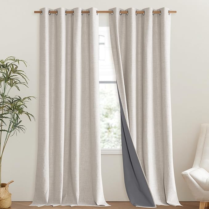 NICETOWN Brich Vintage Open Linen Weave Flax Thermal Curtains, 100% Blackout Curtains 120" Long for Dining Room, Soundproof Window Treatment Drapes for Hall Room, 52" Wide Per Panel, Set of 2