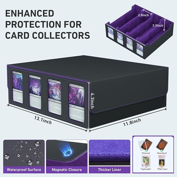 4-Row Trading Card Storage Box, Bulk Cards Case for 3200+ Mtg tcg Magic Playing Game Card Organizer, Commander Deck Box with 4 Supports & 24 Dividers & Strap