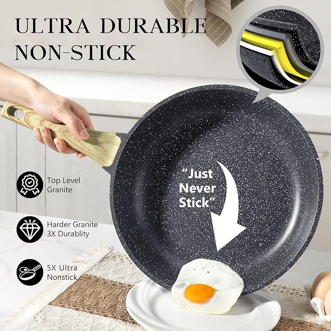 GiPP Nonstick Frying Pan Skillet - 9.5" Grey Granite Non Stick Pans, Omelette Pan with Heat-Resistant Handle, Compatible with All Stovetops, PFOA Free