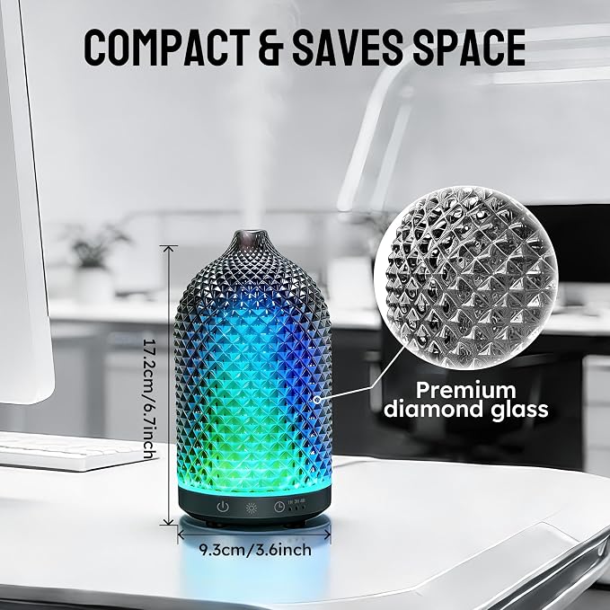 Essential Oil Diffuser 150ml, Glass Diffuser with Ultrasonic Small Humidifier, 7 Color Lights, 1/2/4H Timer, Quiet Auto Shut-Off Oil Diffuser for Bedroom, Home, Office (Black)