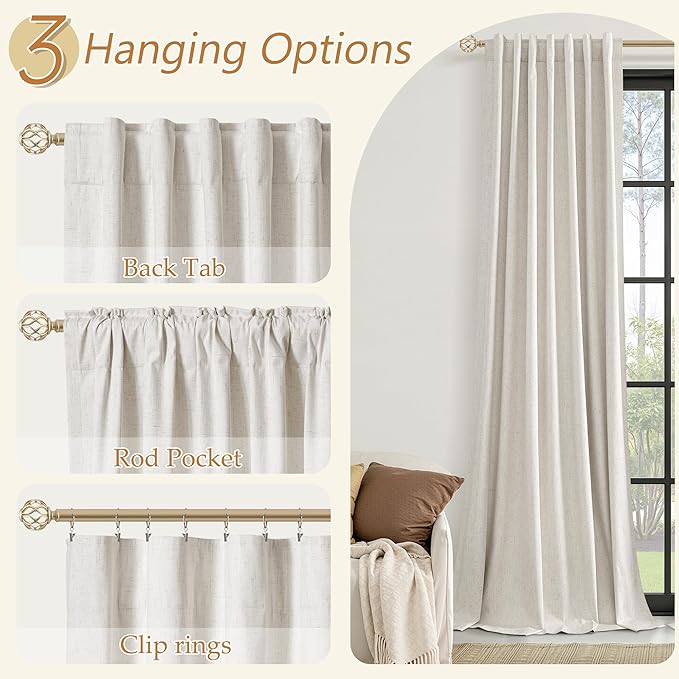 Guken Extra Long 100% Blackout Linen Curtains for Bedroom 120 inches Long, Thermal Insulated Room Darkening Black Out Drapes for Living Room, Back Tab Rod Pocket 2 Panels Set,Modern,52x120