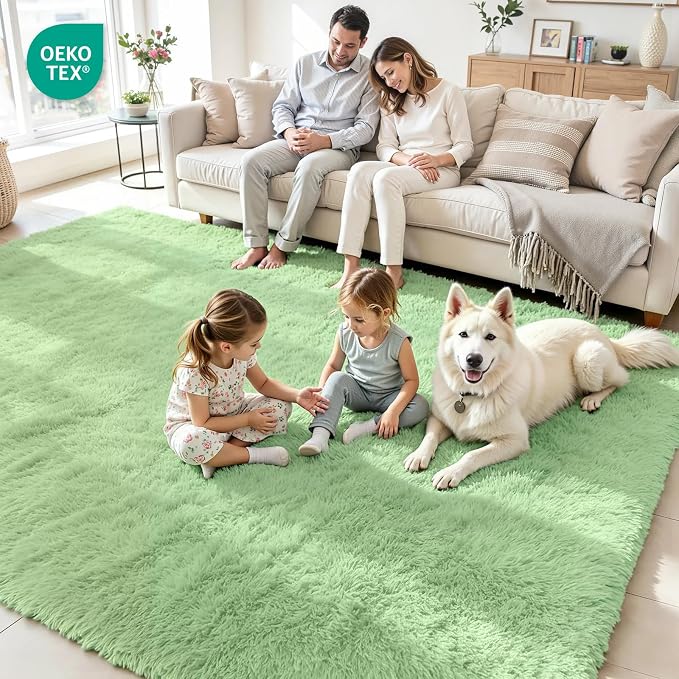 8x10 Area Rug for Living Room, Ultra Soft Fluffy Light Green Rugs for Bedroom, Non Slip Large Shag Carpet, Fuzzy Plush Nursery Rug, Thick Washable Indoor Floor Carpets for Kids Office Dorm Home Decor
