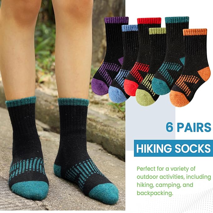 WEVIAS Kids Merino Wool Hiking Socks Boys Thermal Winter Cozy Boot Warm Cushion Socks 6 Pairs