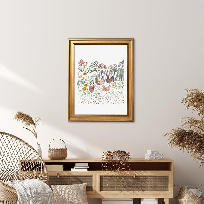Framed Cottagecore Chicken Wall Art Painting Farmhouse Hens Print Rustic Country Farm Illustration Picture Poster Vintage Pastoral Canvas Artwork Aesthetic Cottage Home Kitchen Room Decor 8x10inch
