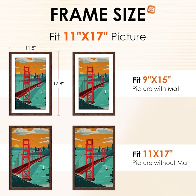 11x17 Picture Frame Brown Set of 2, Photo Frame with HD Plexiglass, Display Pictures 9x15 with Mat or 11x17 Without Mat, Brown Picture Frames Collage Wall Decor, Gallary Wall Frame