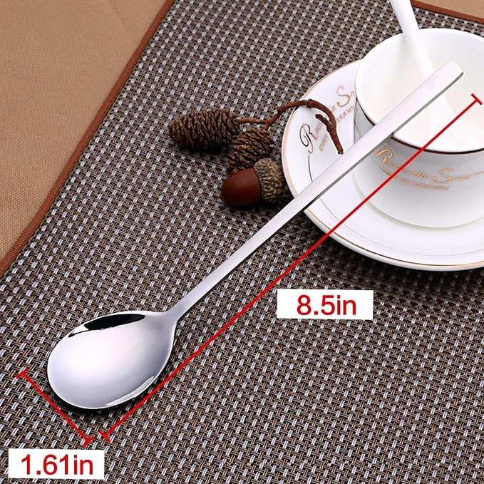 IQCWOOD Spoons, 8 Pcs Korean Spoon, 8.5 Inch Stainless Steel Soup Spoons | Korean Soup Spoons with Long Handle, Smooth Edges & Mirror Finish, Flatware Set for Everyday Home, Kitchen, or Restaurant Use