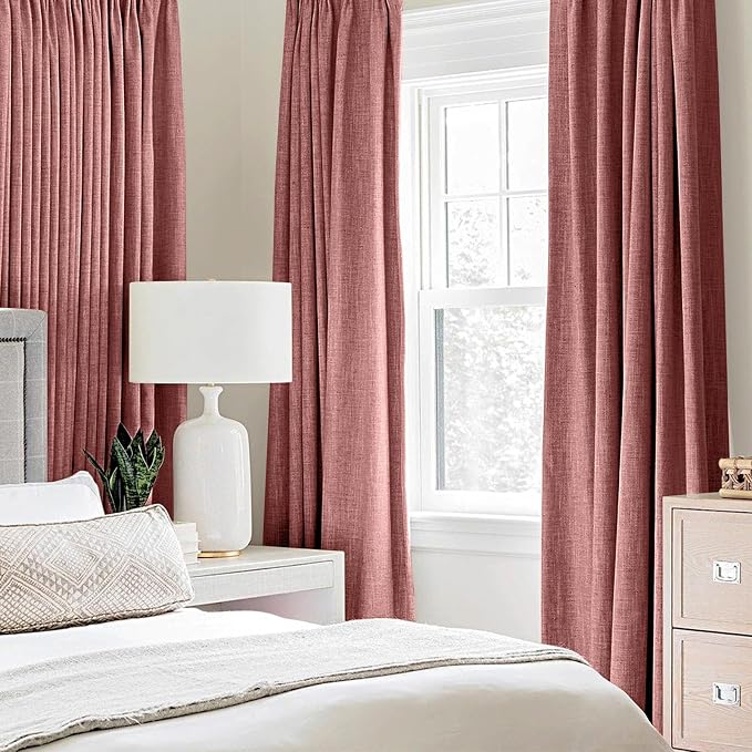 MIULEE 100% Blackout Linen Textured Curtains for Bedroom Solid Thermal Insulated Dusty Rose Grommet Room Darkening Curtains & Drapes Luxury Decor for Living Room 52 x 63 Inch (2 Panels)