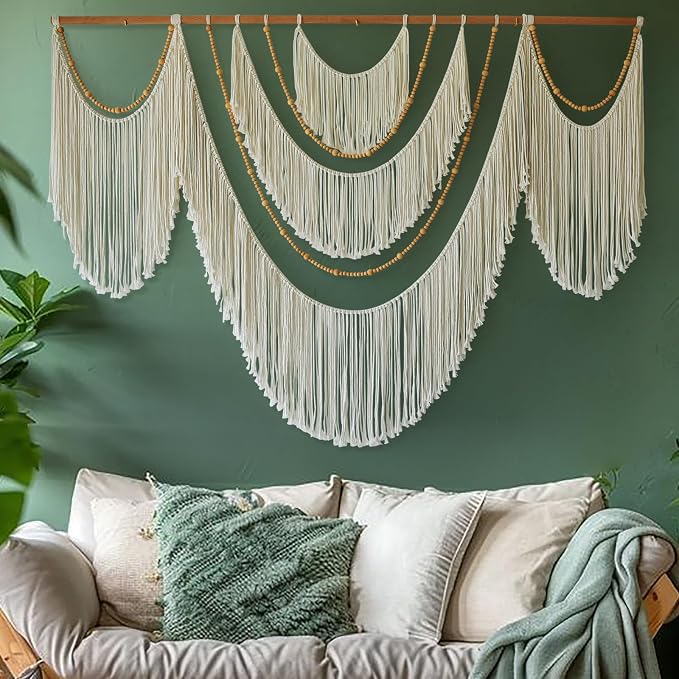 Macrame Wall Hanging Boho Yarn Art Tassel Beaded Handmade Decor 57"W*41"L | Fiber Wall Hanging, Large Wall Decor, Handmade Textile Art, Cotton Rope Craft, Beaded Tassel Accent, for Living Room Bedroom