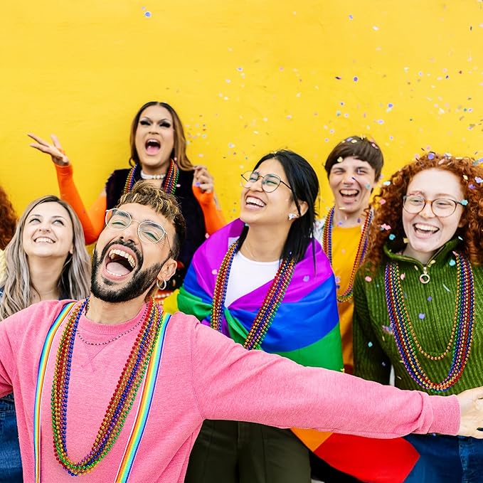 24 PCS Rainbow Beads Necklaces, 33" Round Pride Beaded Bulk, LGBT Colorful Plastic Bead Necklaces, 6 Colors Pride Month Parade Throw Accessories Stuff for Gay Lesbian Party Supplies Decorations