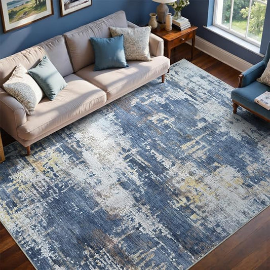 6x9 Ft Large Area Rugs for Living Room, Soft Non-Slip Washable Rugs Modern Abstract Pattern Carpet for Bedroom Indoor Floor Nursery Home Decor (Blue/Gold)