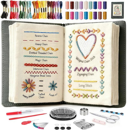 Embroidery Stitch Book Kit for Beginner Adults, 2026 Hand Embroidery Kits with Pre-Stamped Pattern, Complete Sewing Kits, Step-by-Step Guide