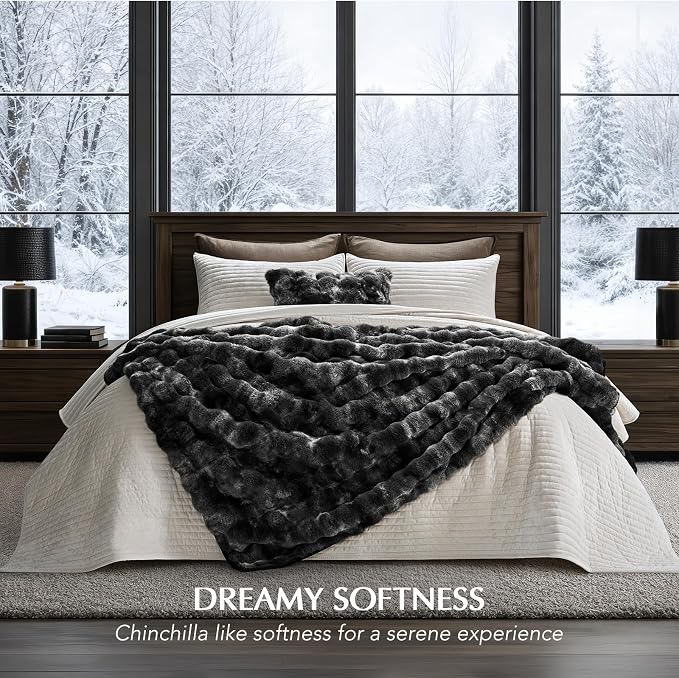 Faux Rabbit Fur Bubble Throw Blanket, 60"x80", Marble Black | Ultra Soft, Luxury Faux Rabbit Fur Throw, Thick Warm Bubble Blanket, Cozy Fluffy Reversible, for Bed, Couch, Chair, Sofa