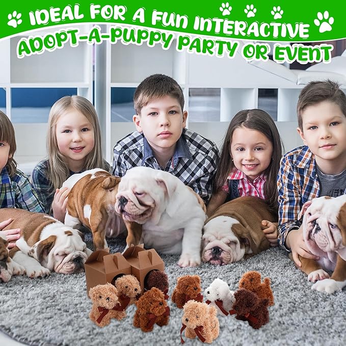 84 Pcs Adopt a Pet Party Favors 24 Mini Plush Stuffed Animals 10 White Plastic Fence 24 Paper Gift Boxes 24 Adoption Cards with Mini Chalkboard and Artificial Lawn(Puppy)