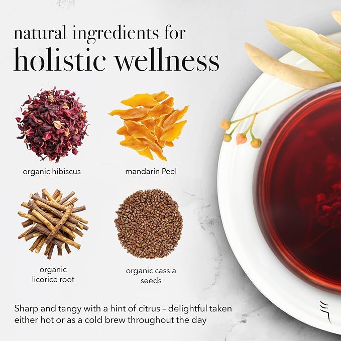 qìsane Organic Hibiscus Tea Bags with Mandarin Peel - Organic Licorice Root, Cassia Seeds - Loose Tea with Tangy Citrus Flavor to Help Support Strain and Tension - 10 sachets (~30 cups)