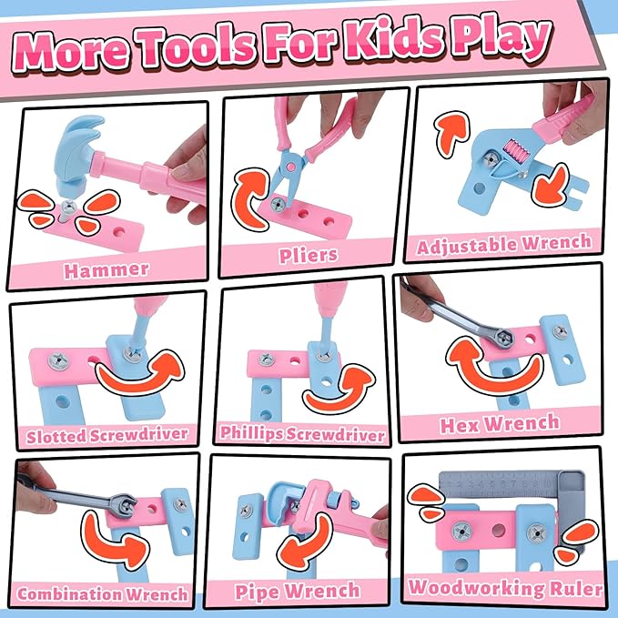 Magic4U Kids Tool Set with Tool Bag & Tape Measure, Toddler Tool Set Pretend Play Construction Toys,Ideal Birthday for Kids Age 3-6 Years Old (Pink)